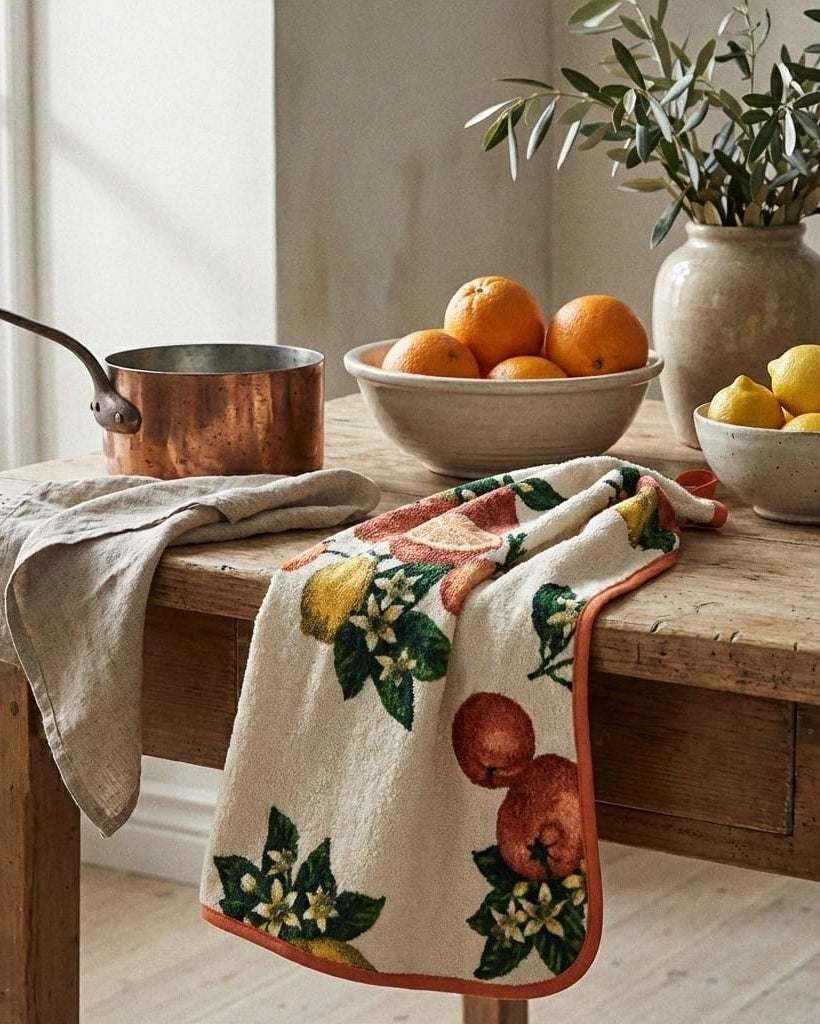 Decorative towel with fruit pattern on a wooden table with bowls of oranges and lemons.