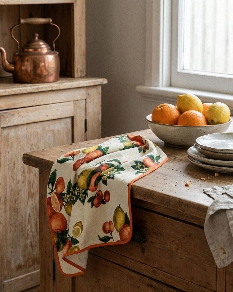 Vintage kitchen scene with wooden furniture, copper kettle, and fruit-themed towel.