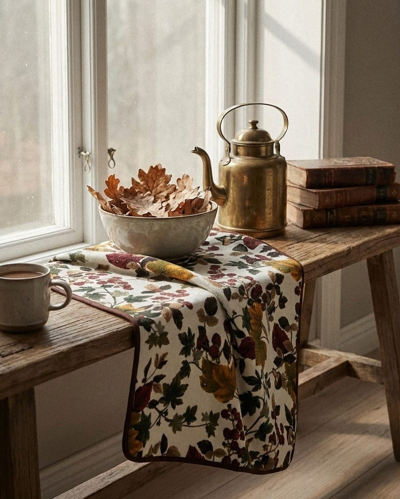 Wooden bench with a floral cloth, teapot, mug, and books by a window.