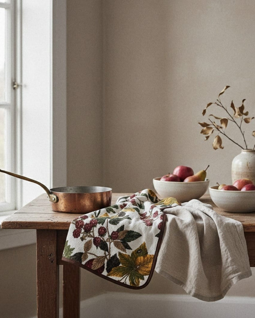 Copper pot on a wooden table with a floral towel, bowls of fruit, and a vase with branches.