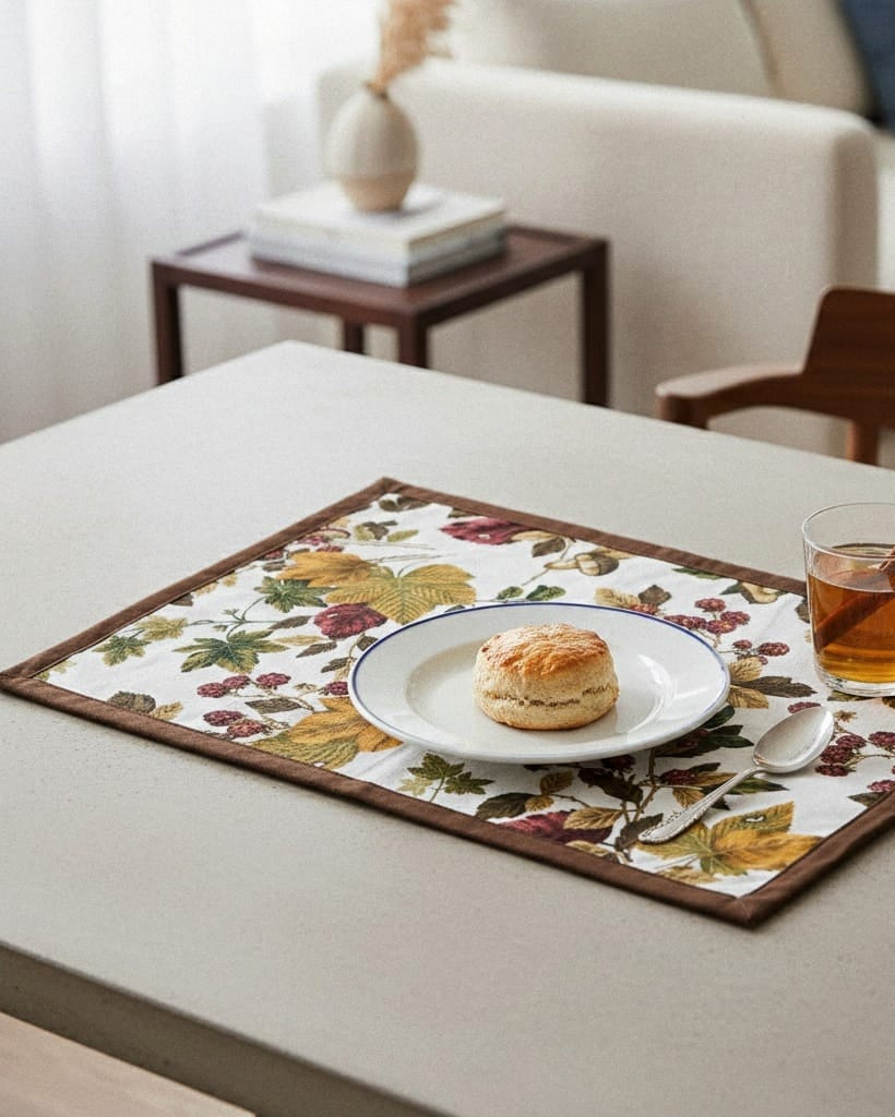 Placemat with a plate of food and a glass of tea on a table in a living room setting.