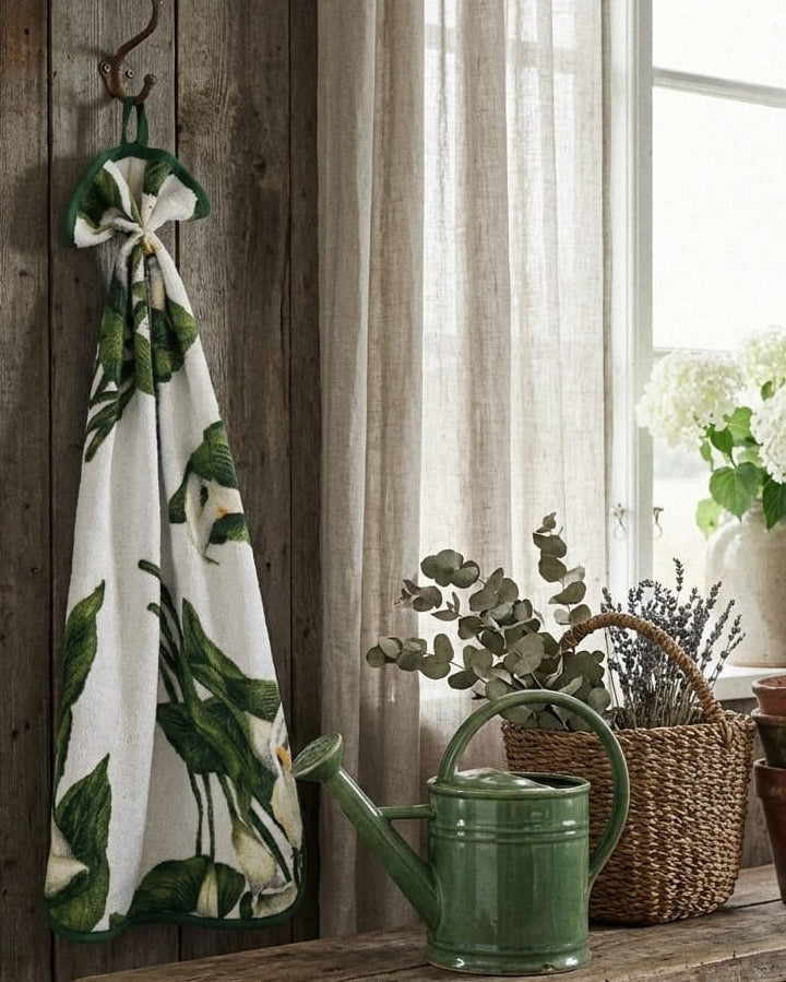 Green watering can on a wooden table with plants and a towel hanging on a wooden wall.