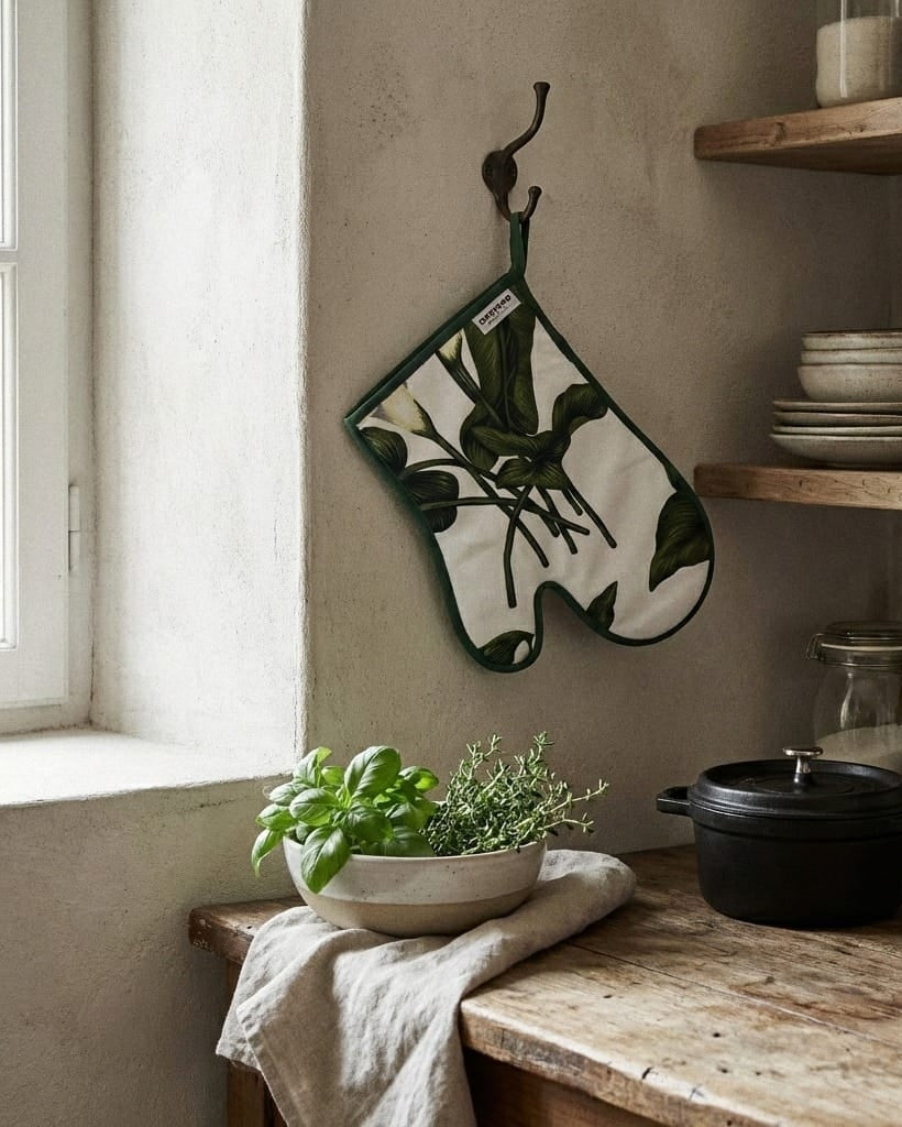Kitchen scene with a pot holder, plants, and shelves with jars and bowls.
