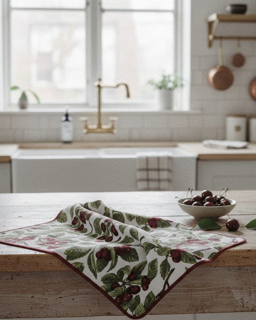 Kitchen counter with a cherry-themed table runner and bowl of cherries.