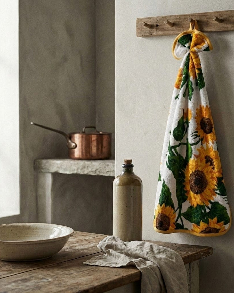Kitchen scene with a sunflower-patterned towel hanging on a hook, a copper pot, and a stone surface.