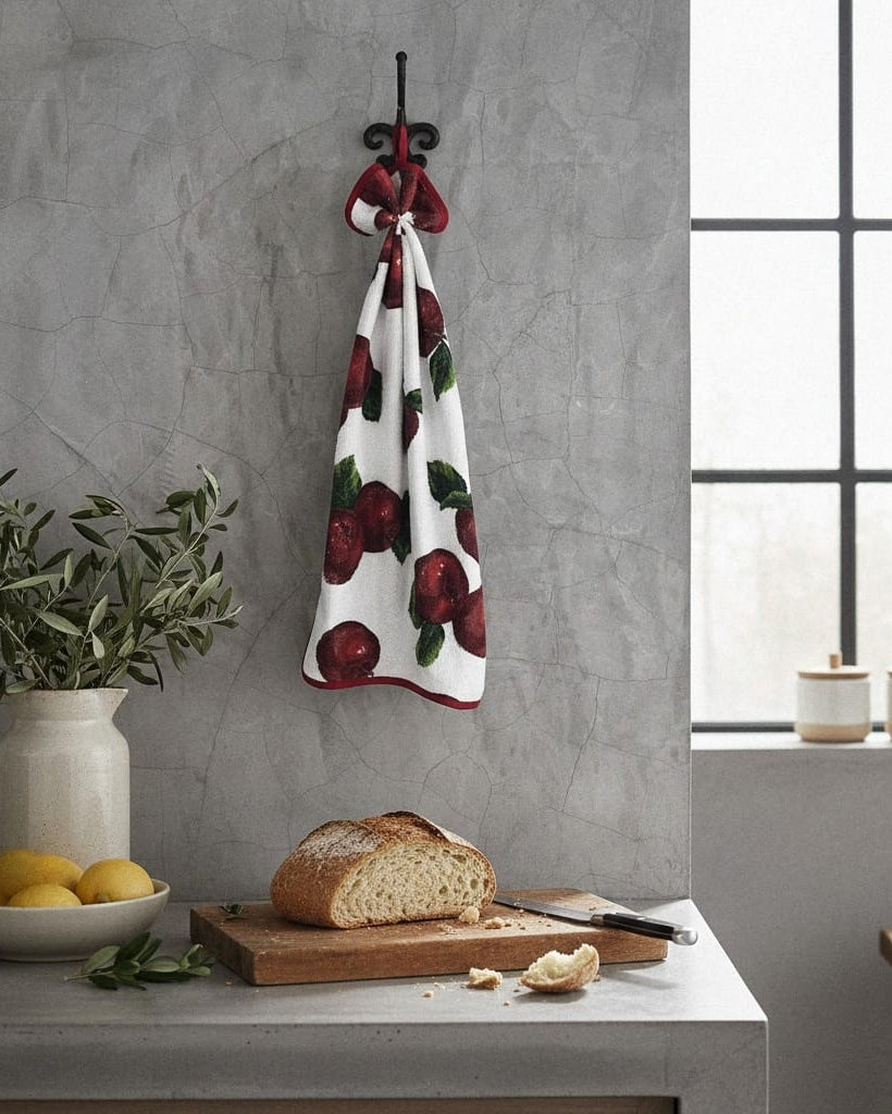 Kitchen scene with a towel featuring red apples, bread on a cutting board, and lemons.