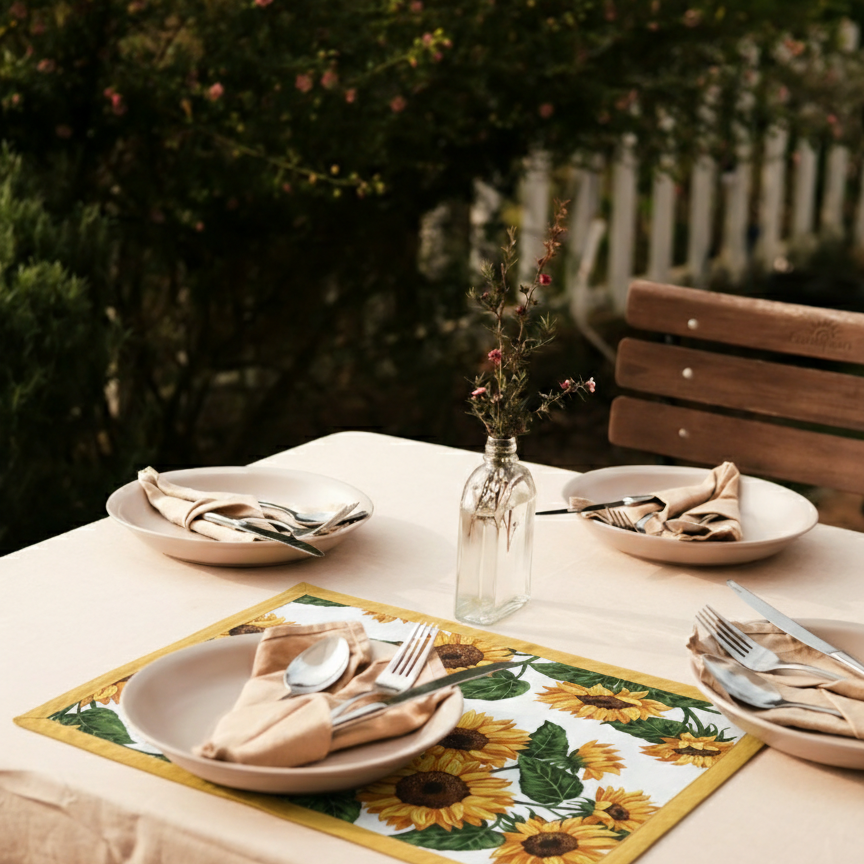 Outdoor table setting with sunflower placemat, plates, and cutlery.