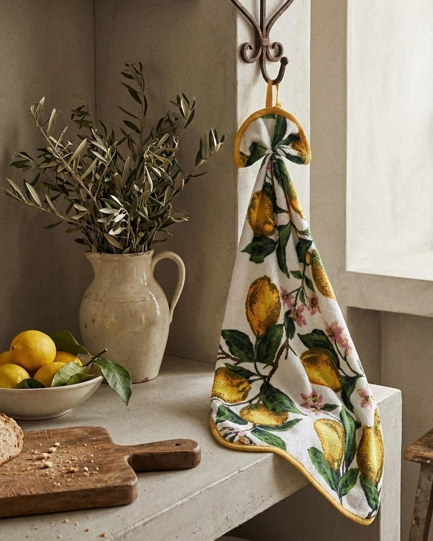 Decorative kitchen towel with lemon pattern hanging on a hook next to a bowl of lemons and a vase with olive branches.