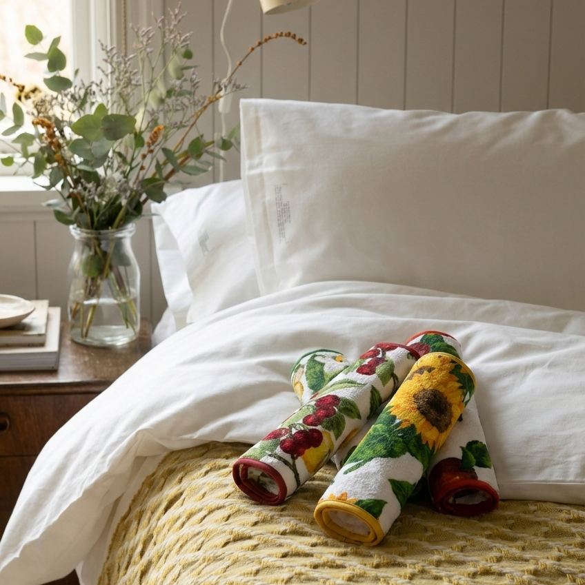 Bedroom with a bed featuring white bedding and colorful floral-patterned pillows, next to a window with a vase of flowers.