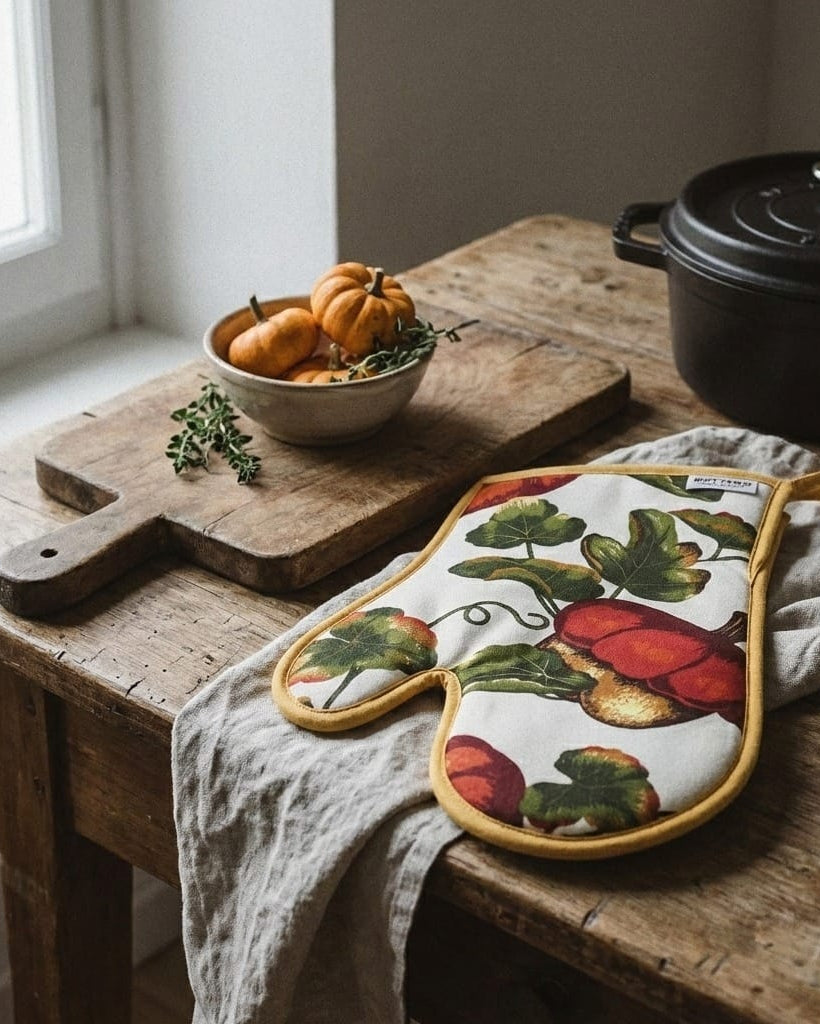 Oven mitt with pumpkin design on a wooden table with a bowl of pumpkins and a pot.