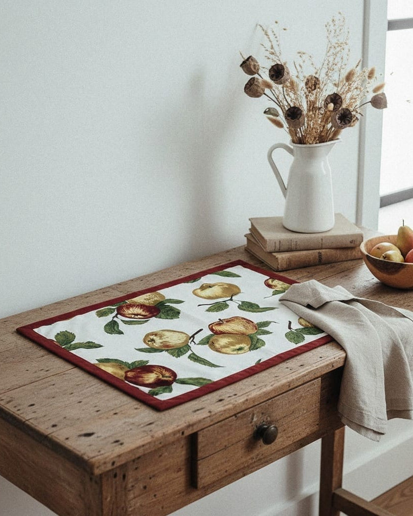 Wooden table with a decorative placemat, bowl of fruit, and vase of flowers.