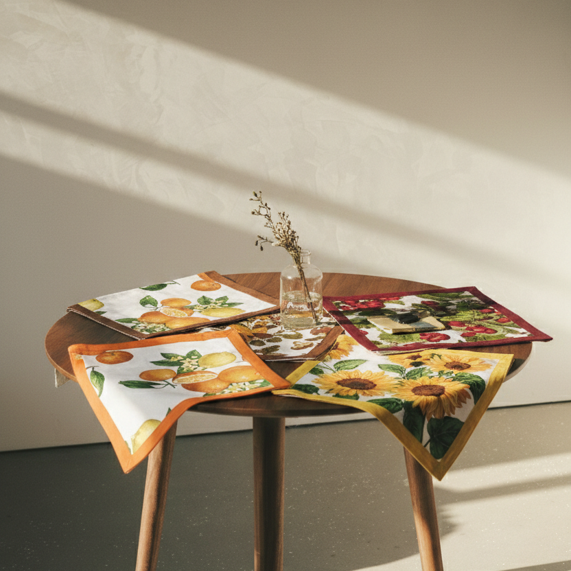Round table with decorative placemats featuring sunflowers and other patterns, set against a neutral wall.