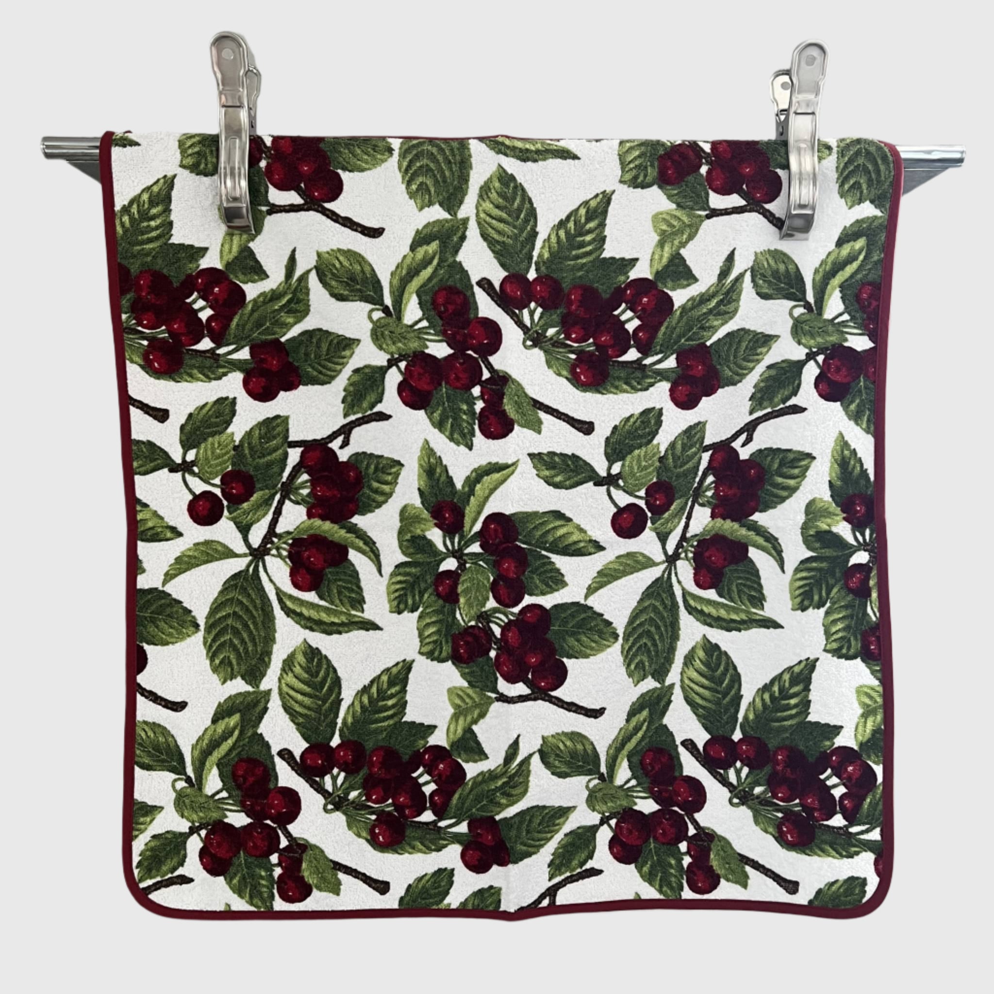 Square towel with red cherries pattern