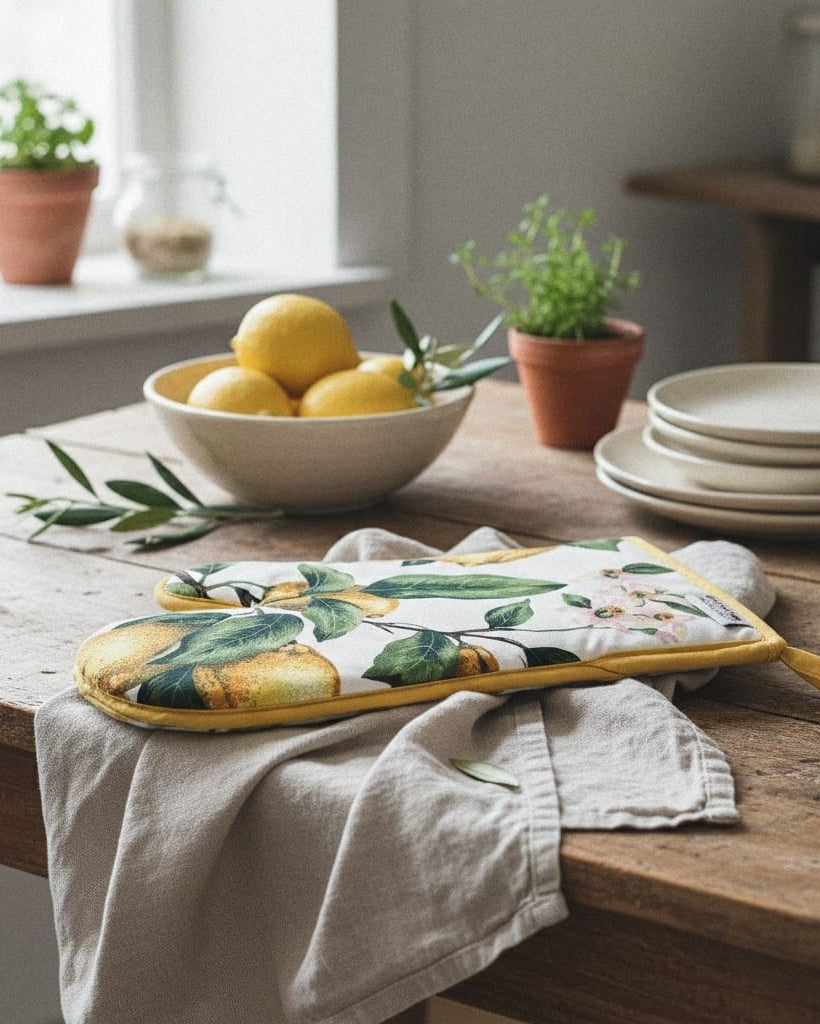 Decorative hot pad with lemon design on a wooden table with lemons and plants in the background.