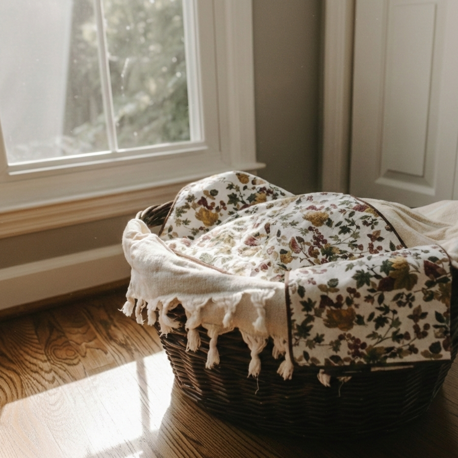 Laundry basket with floral-patterned blanket on a wooden floor near a window