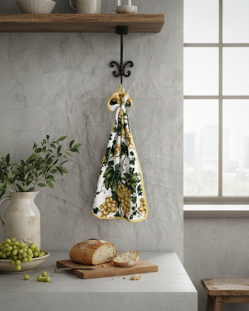 Decorative kitchen towel with fruit pattern hanging on a hook above a table with bread and grapes.