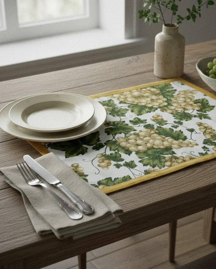 Dining table setting with a decorative placemat featuring grapes, plates, cutlery, and a bowl of grapes.