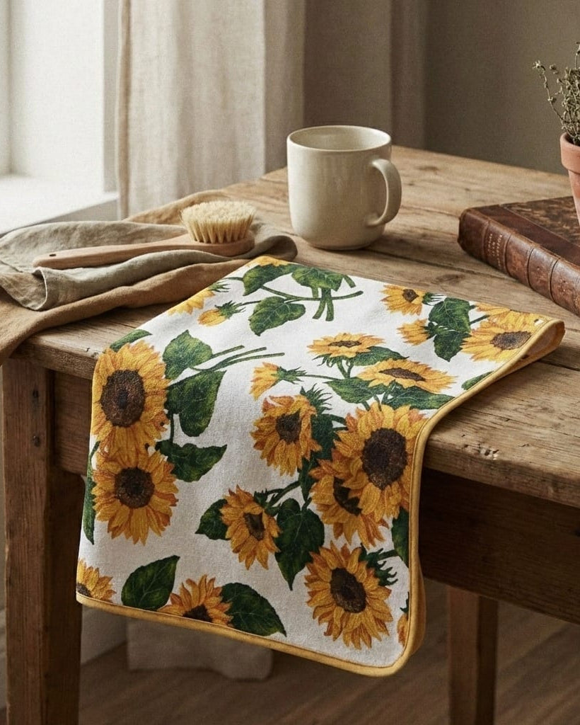 Sunflower-patterned towel on a wooden table with a mug and plant