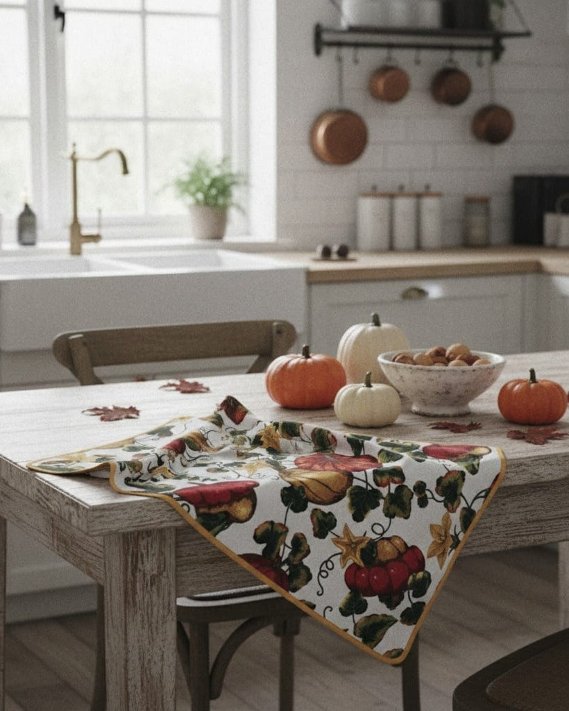 Kitchen with a wooden table set for a meal, featuring pumpkins and a decorative tablecloth.