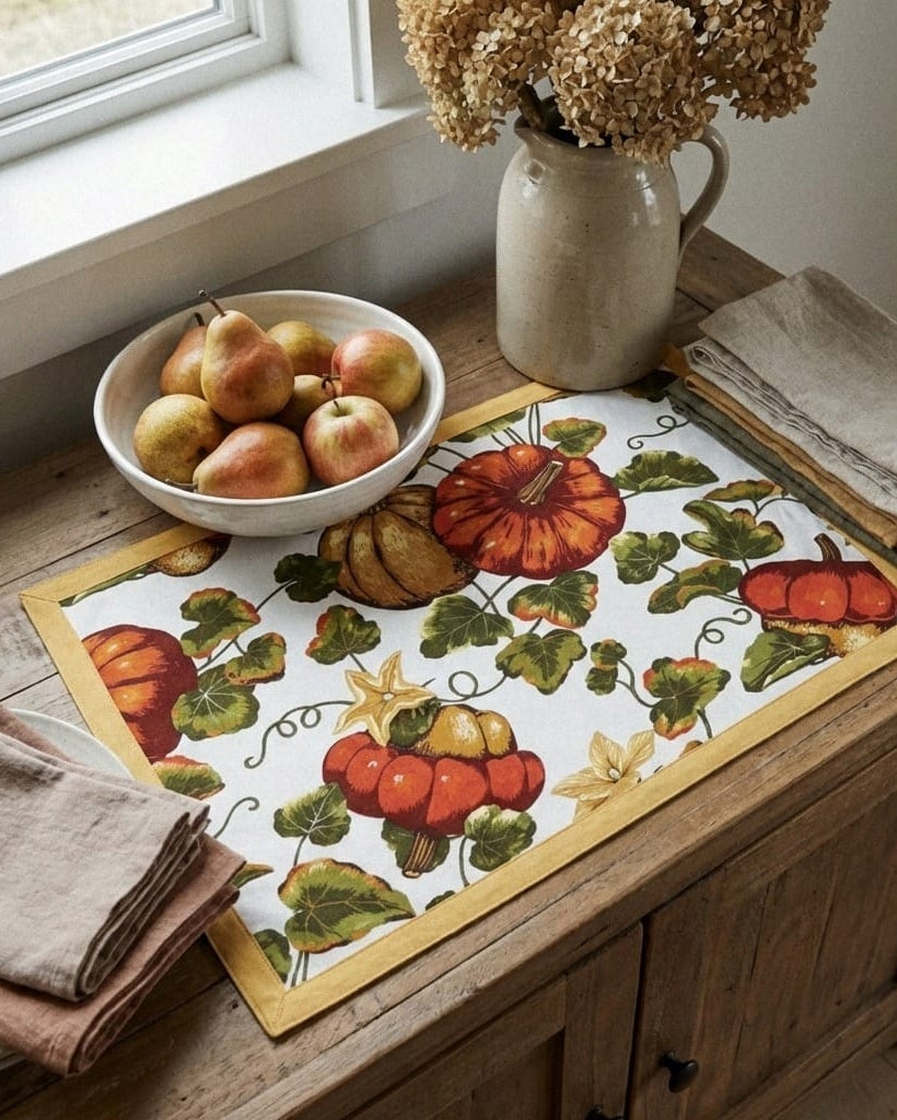 Decorative placemat with autumn design on a wooden surface with a bowl of pears and a vase.