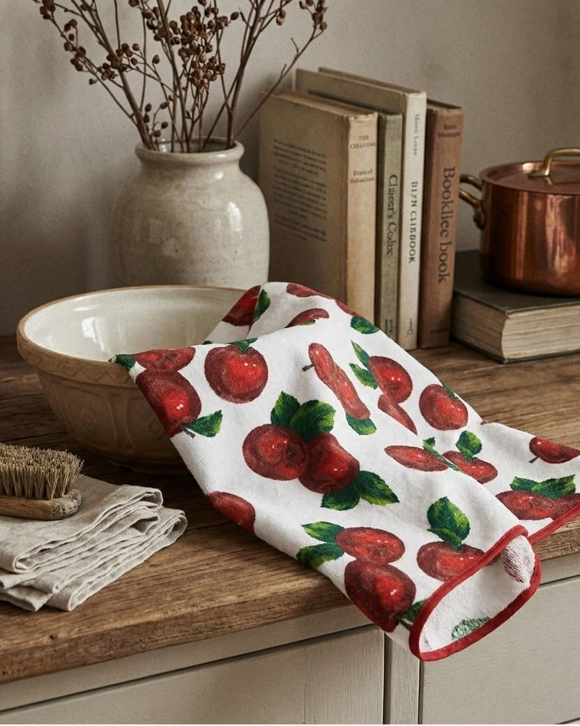 Kitchen towel with strawberry pattern on a wooden surface with books and a pot.