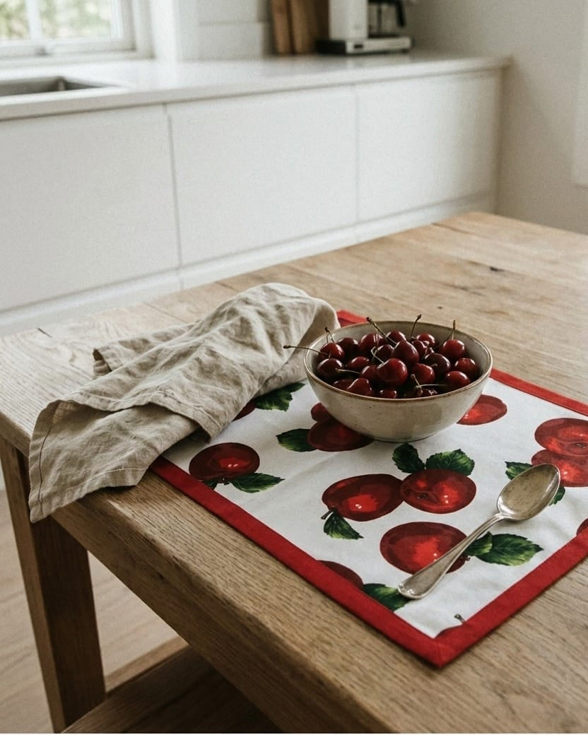 Bowl of cherries on a placemat with apple design on a wooden table in a kitchen.