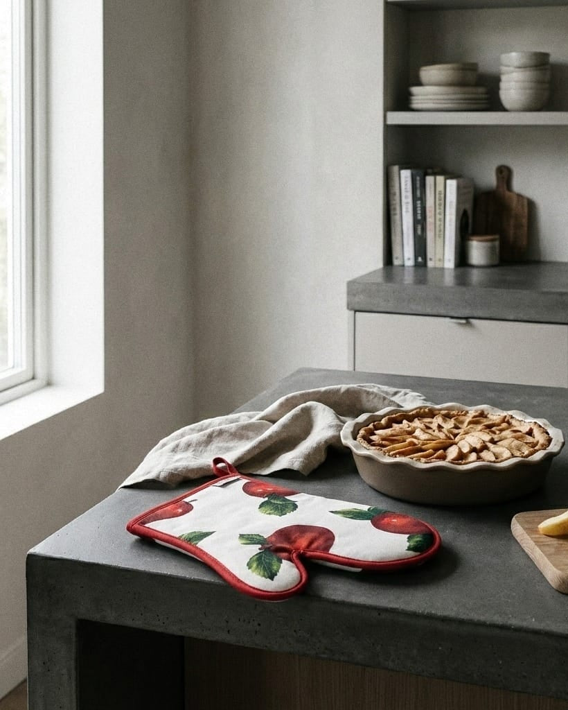 Kitchen counter with a pie, apples, and a pot holder in a modern kitchen.