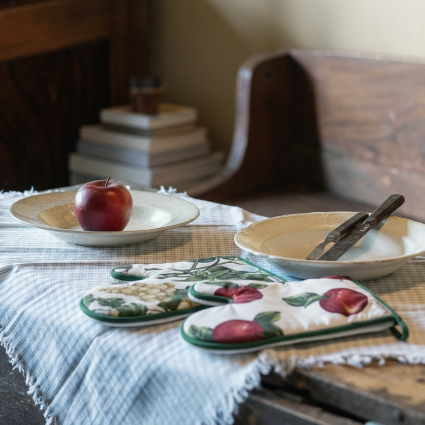 Two oven gloves with apple design on a table with plates and an apple.