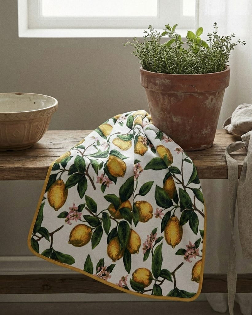 Floral and lemon patterned towel on a wooden surface with a potted plant and towel in the background.